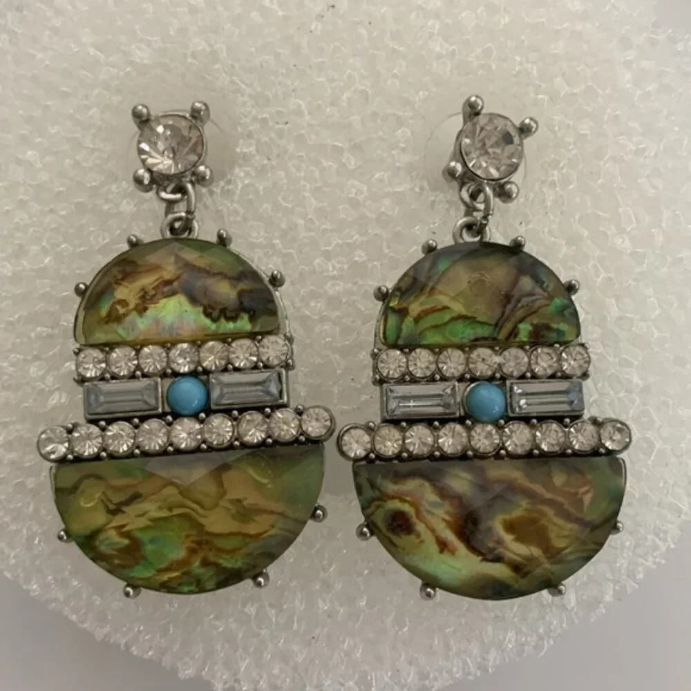 Turquoise color earrings w Rhinestones VTG Jangle earrings post back 2in long